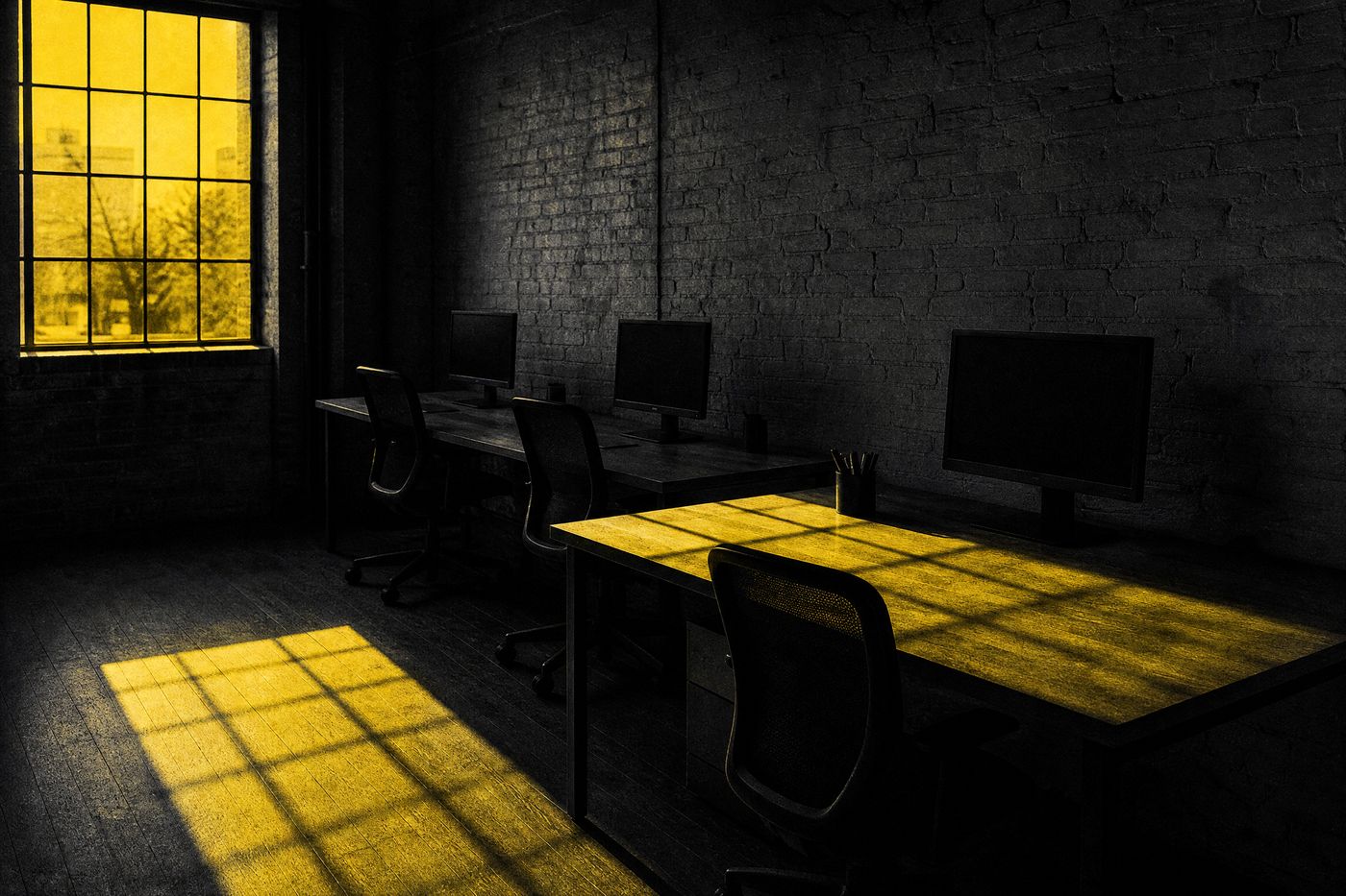 A small shared office in a converted industrial building, three empty desks, yellow daylight through a tall window