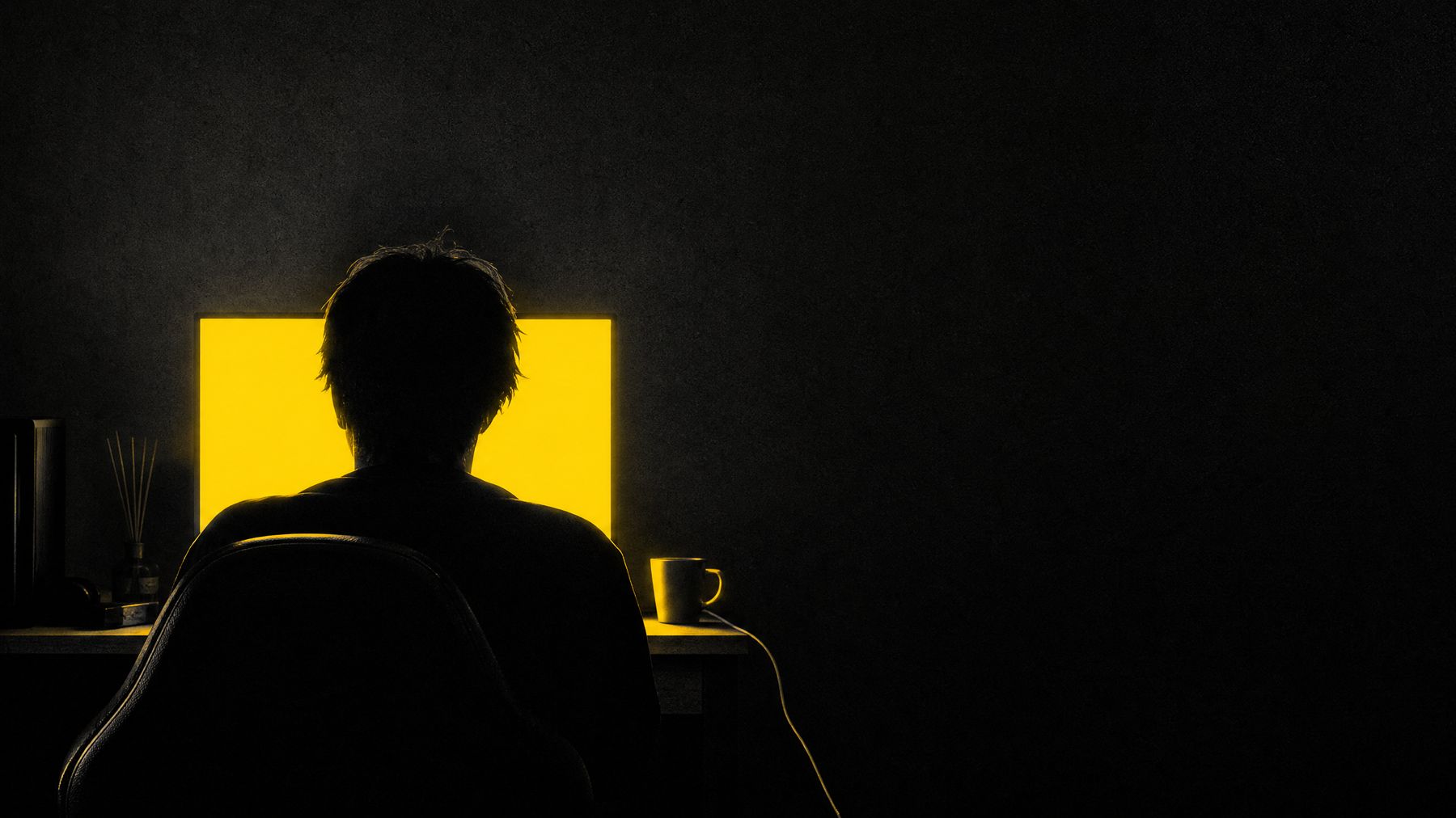 A dark room lit by a single hard shaft of yellow light falling across an empty chair and a switched-off screen